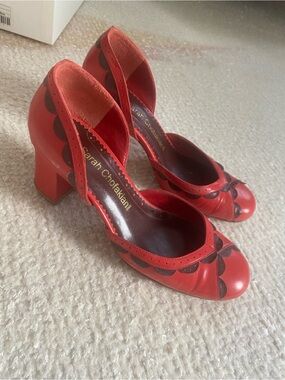 Red Scalloped Leather Block Heels